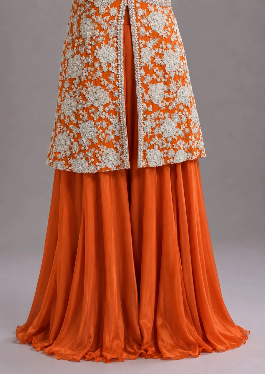 Rust Embroidered Sharara Set with Sleeveless Kurti and Dupatta