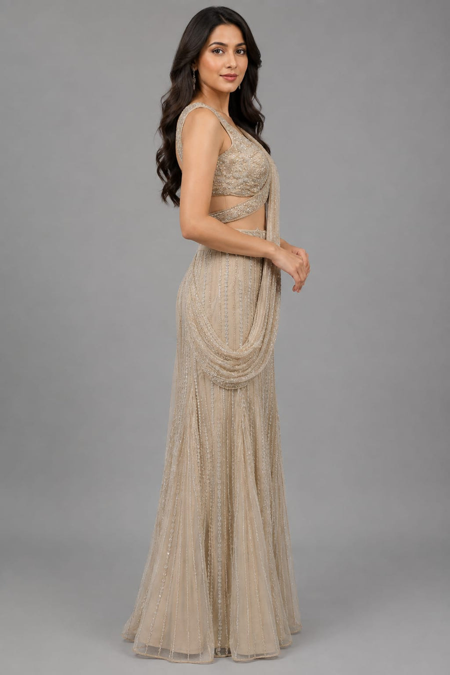 Gold Pre Draped Saree,