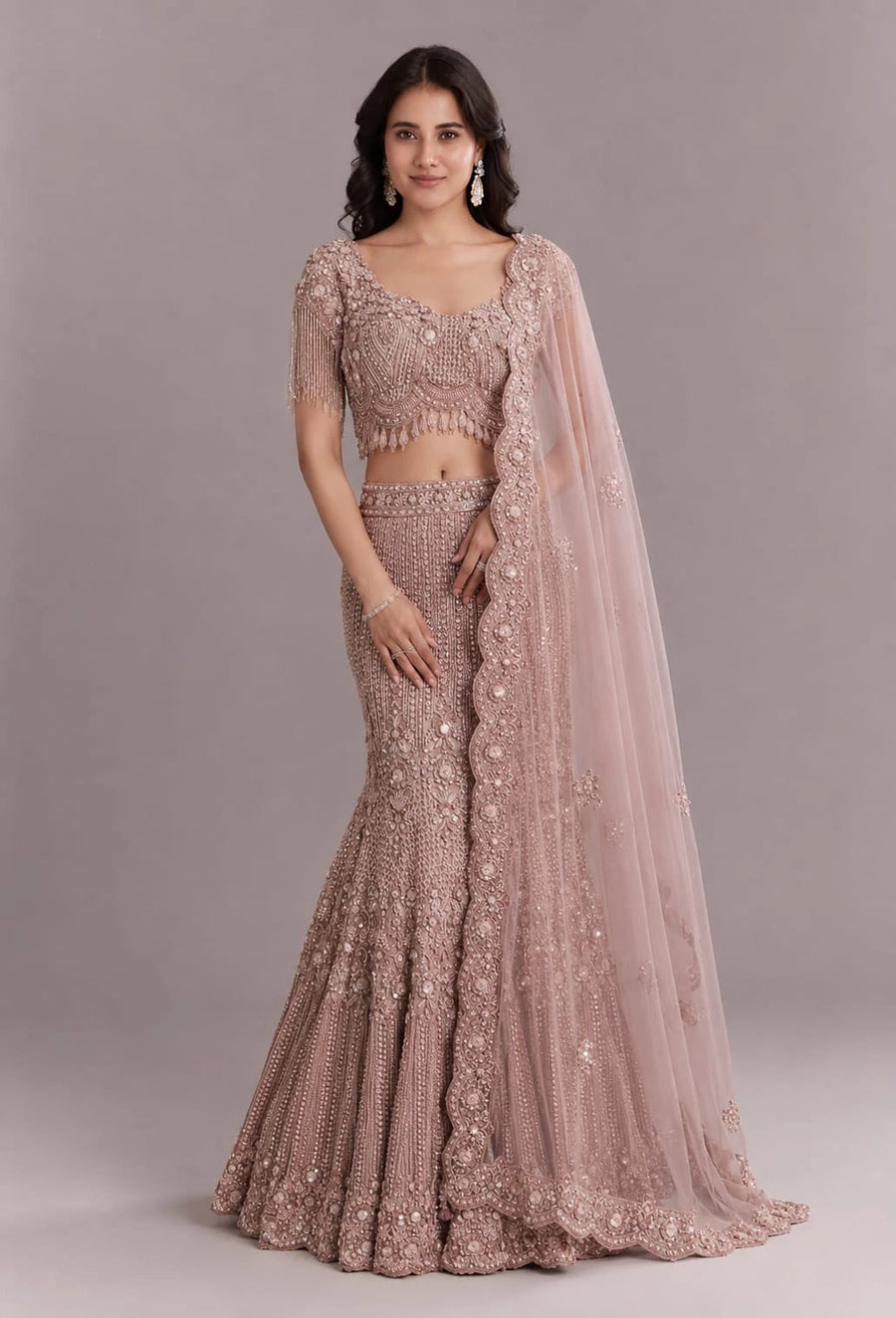 Peach Fish Cut Lehenga