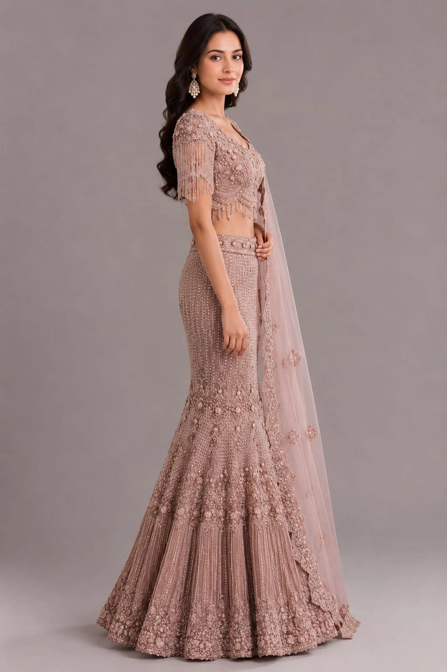 Peach Fish Cut Lehenga