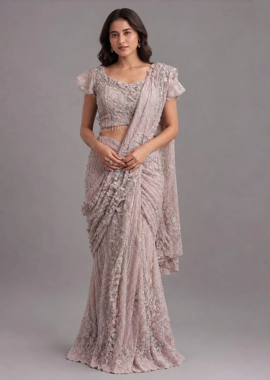 peach drape saree