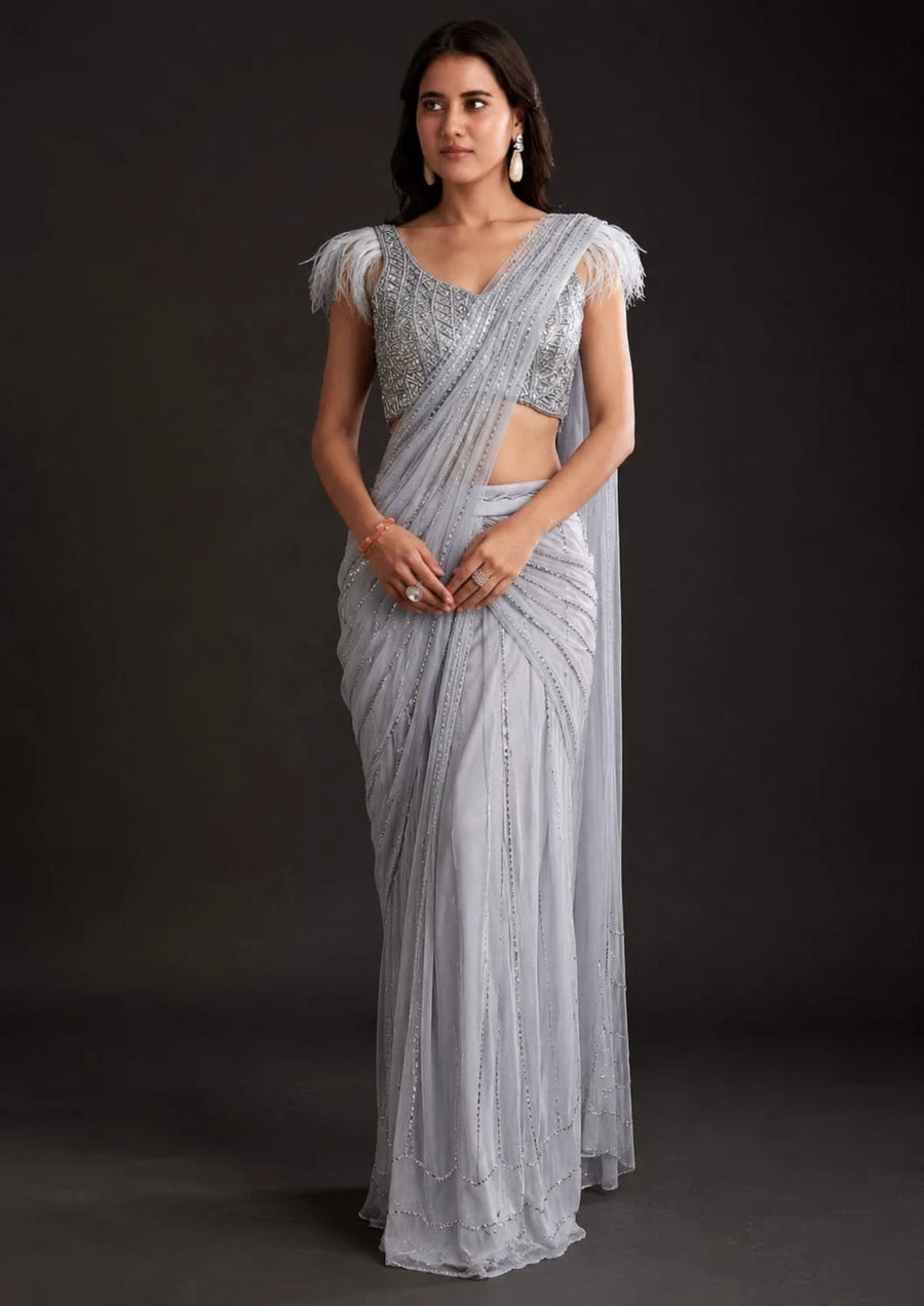grey embellished saree