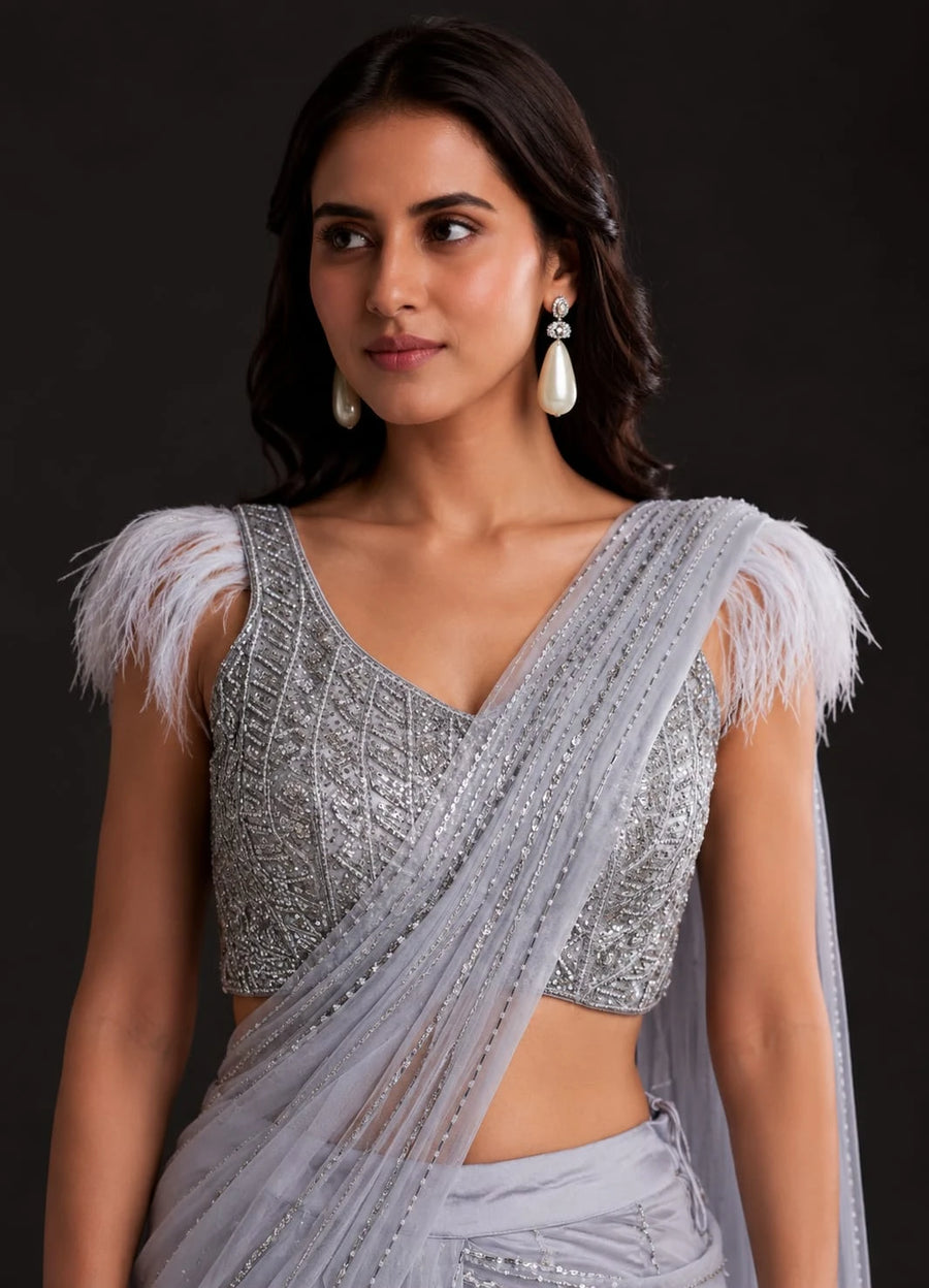 grey embellished saree