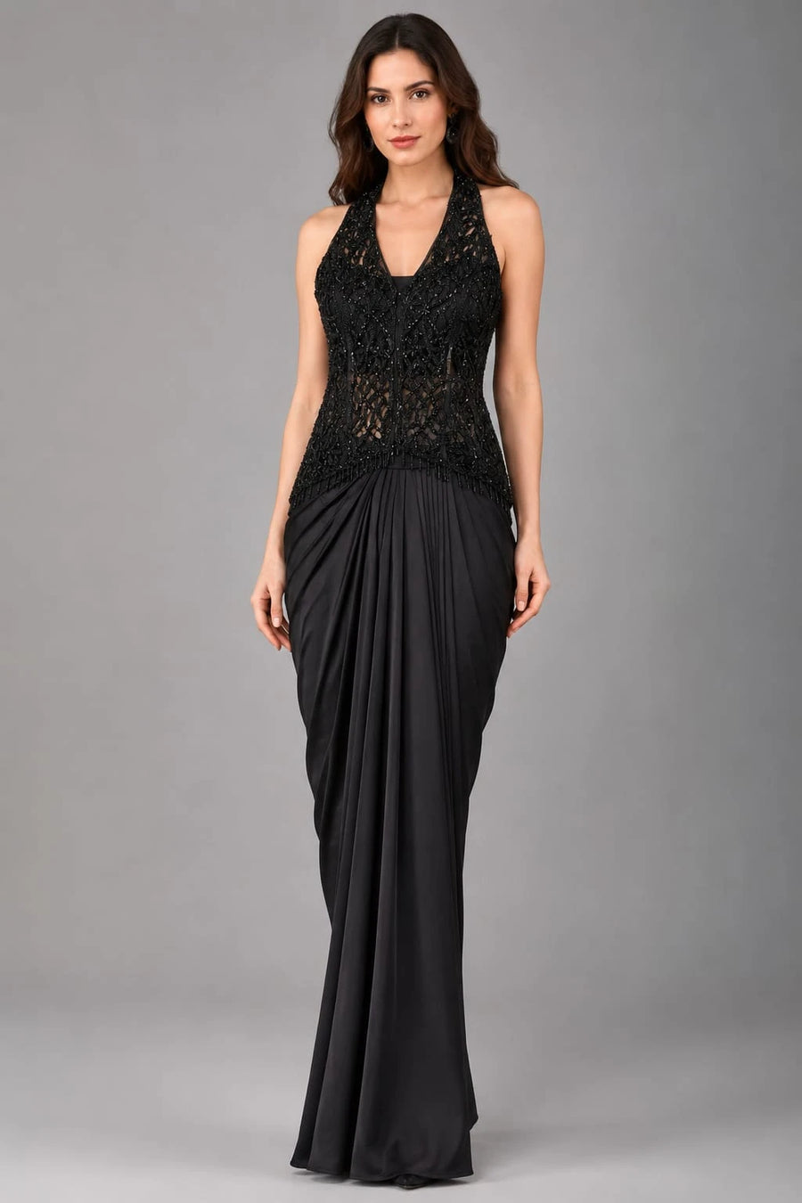 Black Embroidered Dhoti Drape Gown with Crochet Jacket