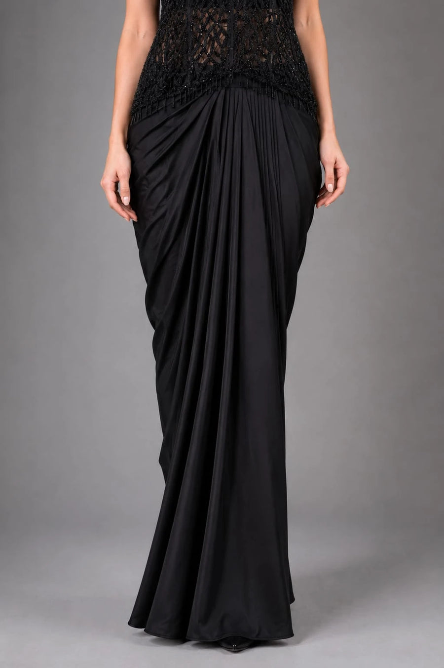 Black Embroidered Dhoti Drape Gown with Crochet Jacket