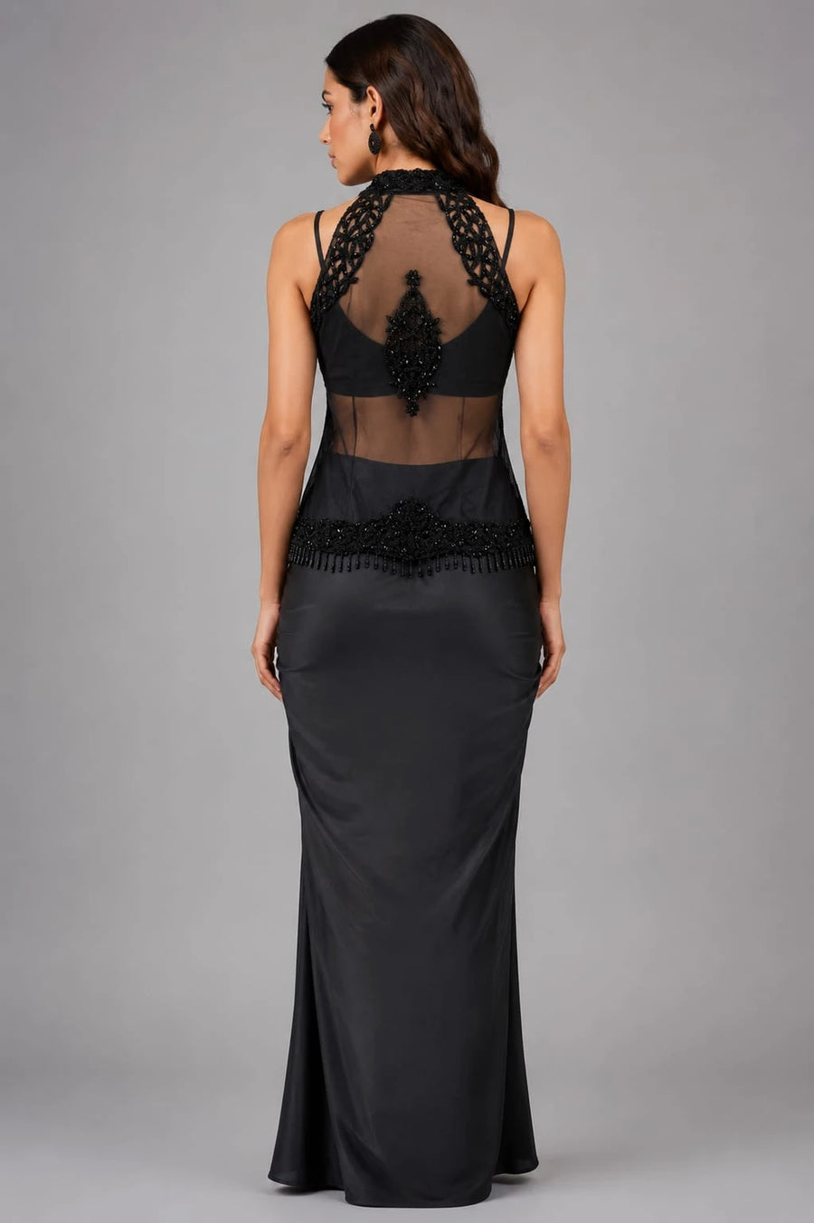 Black Embroidered Dhoti Drape Gown with Crochet Jacket