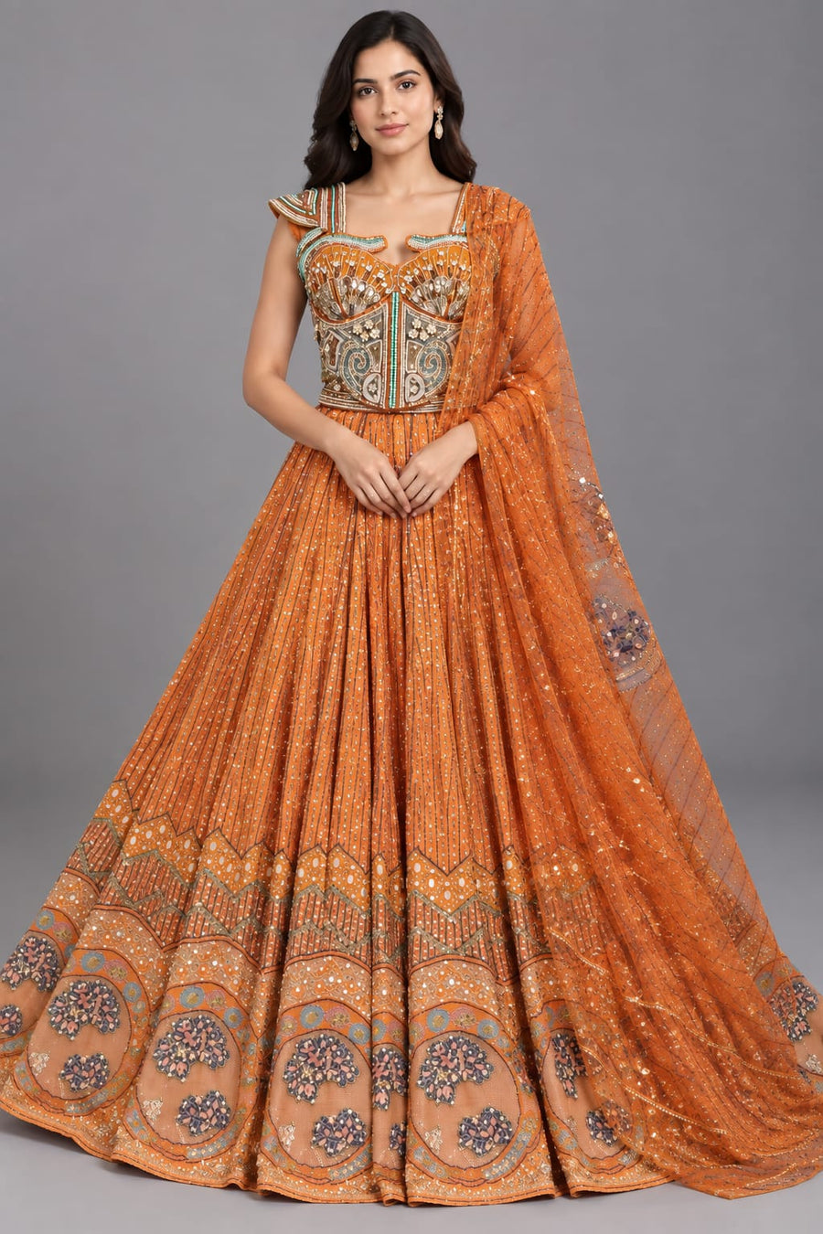 Rust Embellished Carnival Lehenga