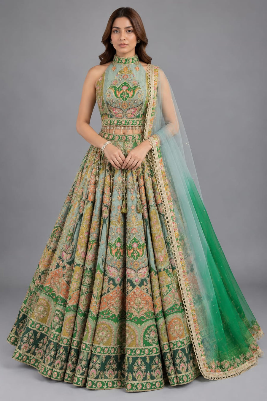 Green Halter-Neck Crop-Top Lehenga