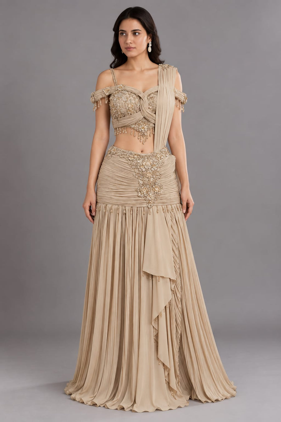 Gold Drape Dress for Roka Ceremony