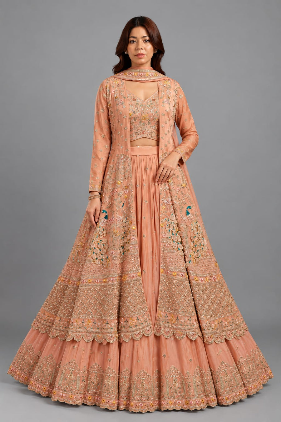 Peach Embroidered Jacket Lehenga Set for Women