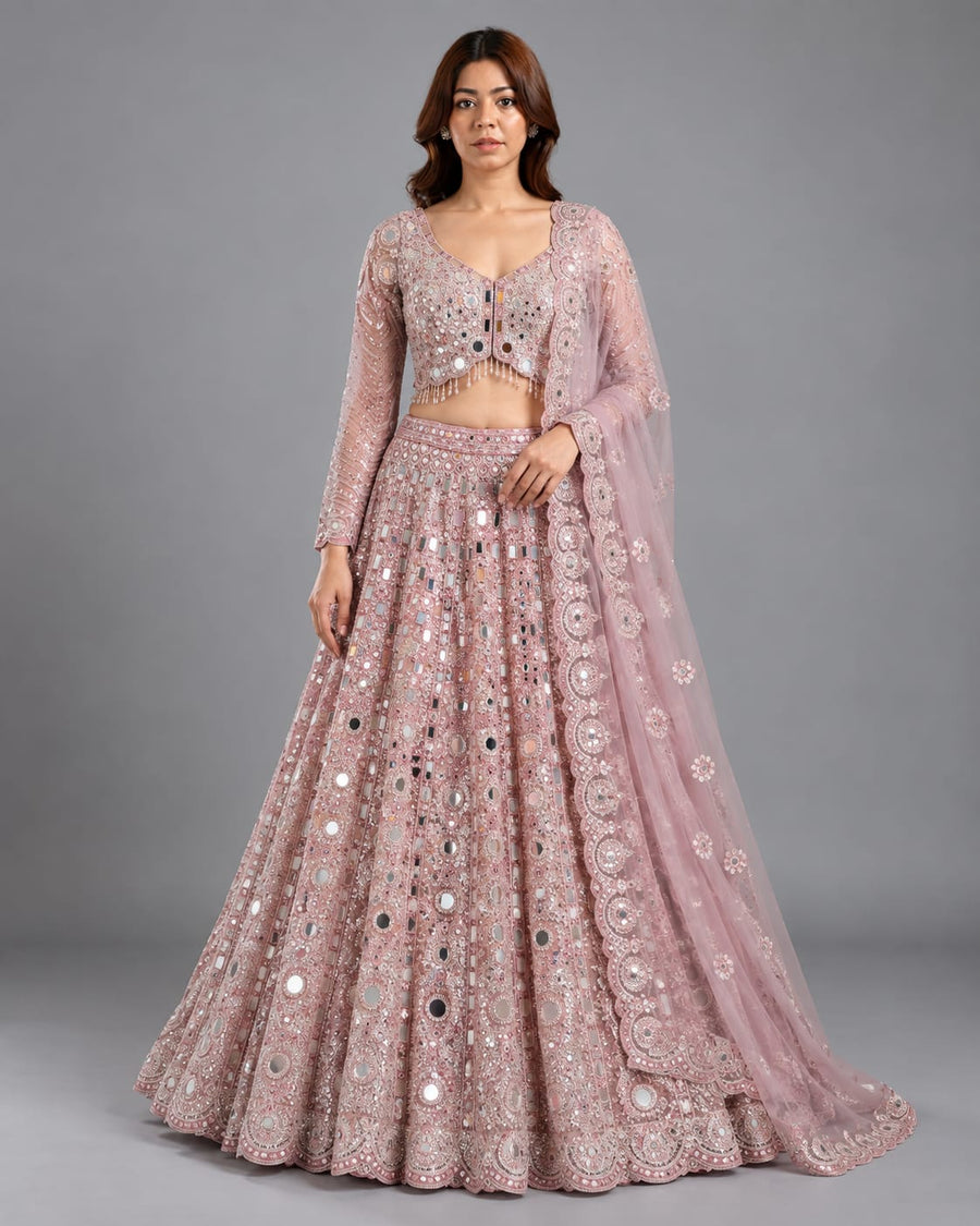 Blush Pink Mirror Work Lehenga and Net Dupatta