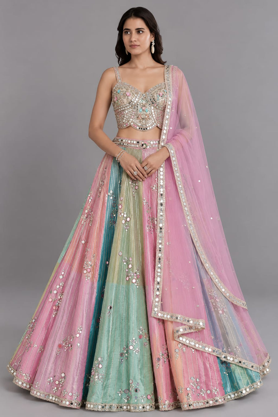 Pastel Multicolour Mirror Work Lehenga