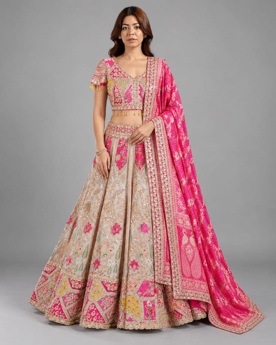 Beige & Rani Pink Embroidered Lehenga