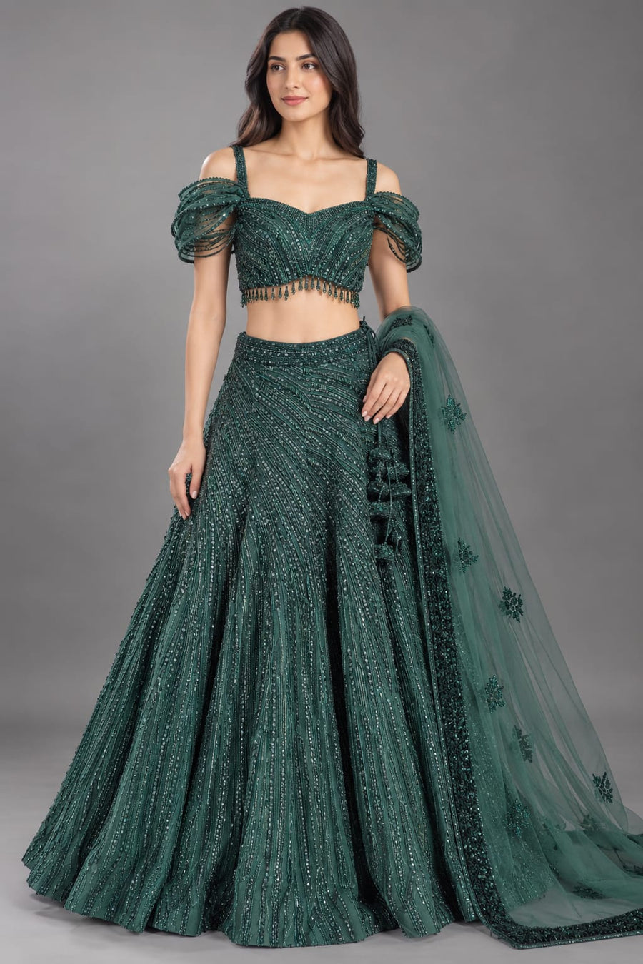 Bottle Green Elegant Flared Lehenga with Designer Blouse