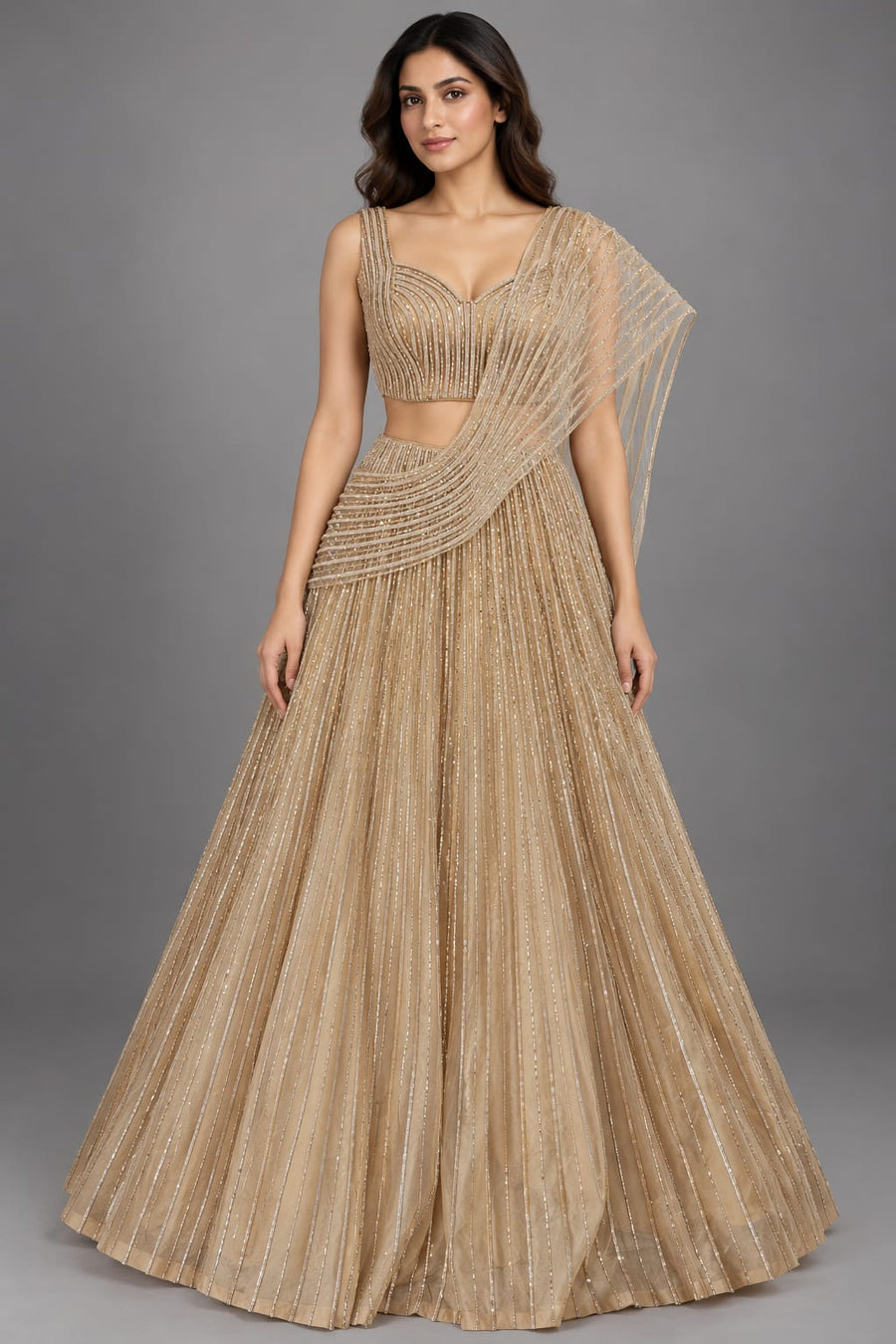 Peach Embellished Lehenga Set with Draped Dupatta