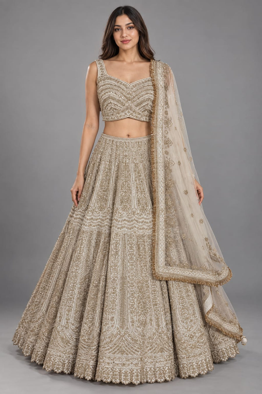 Ivory Embroidered Lehenga Set with Net Dupatta