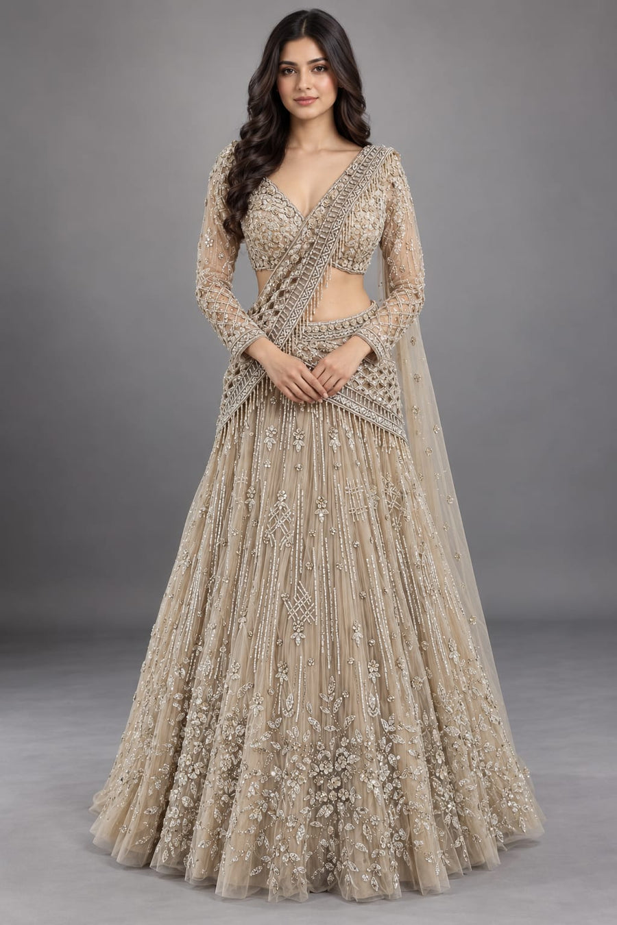 Gold Embellished Lehenga Set with Sequin Work & Net Dupatta