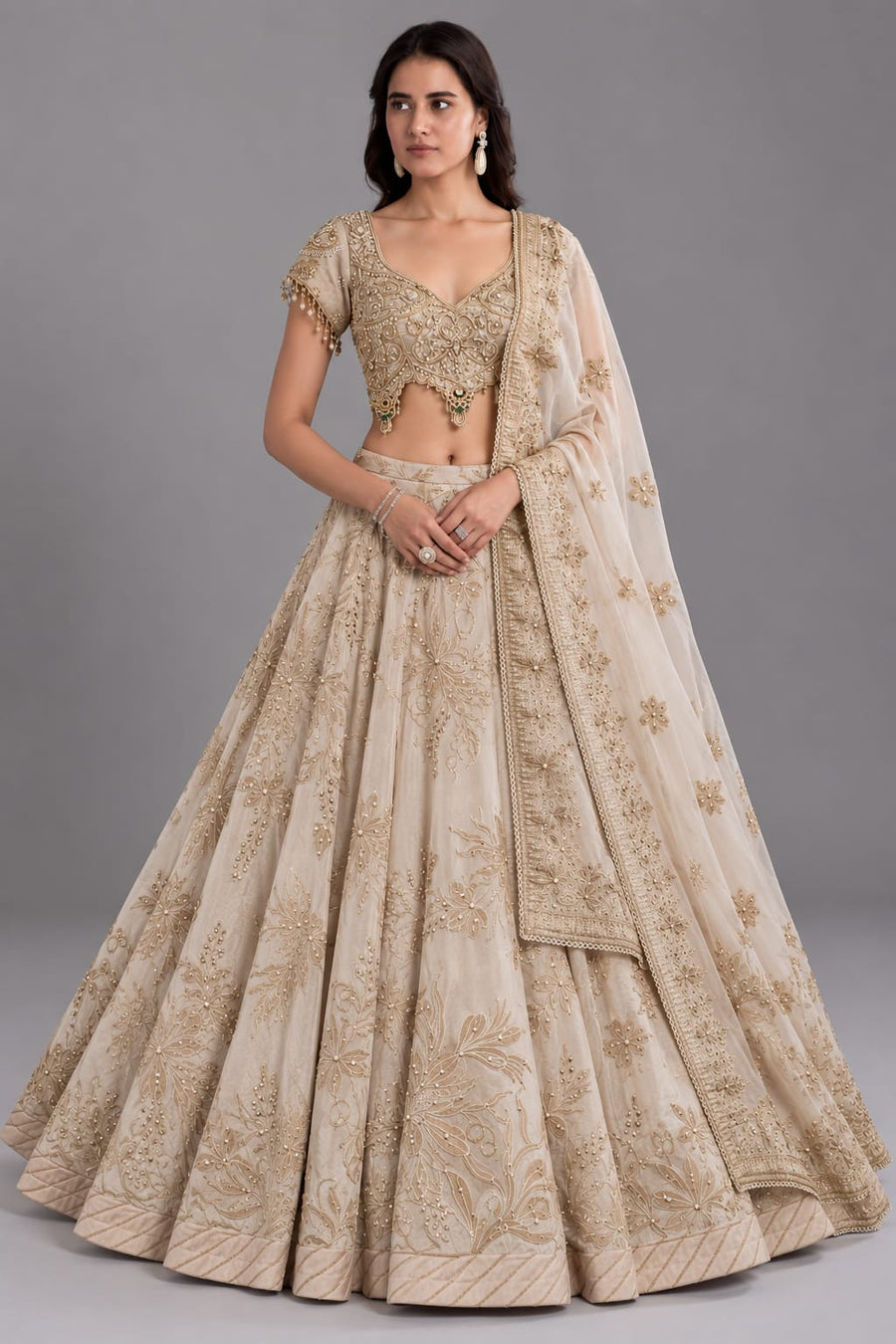 Ivory Embroidered Lehenga Set with Tassel Blouse and Dupatta