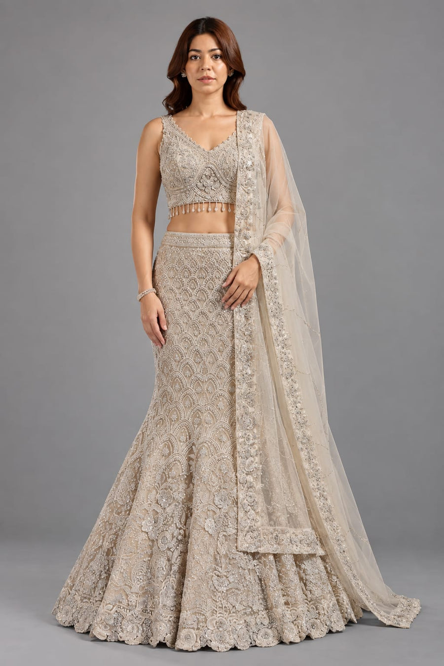  lvory Gold Embroidered Lehenga Set with Net Dupatta