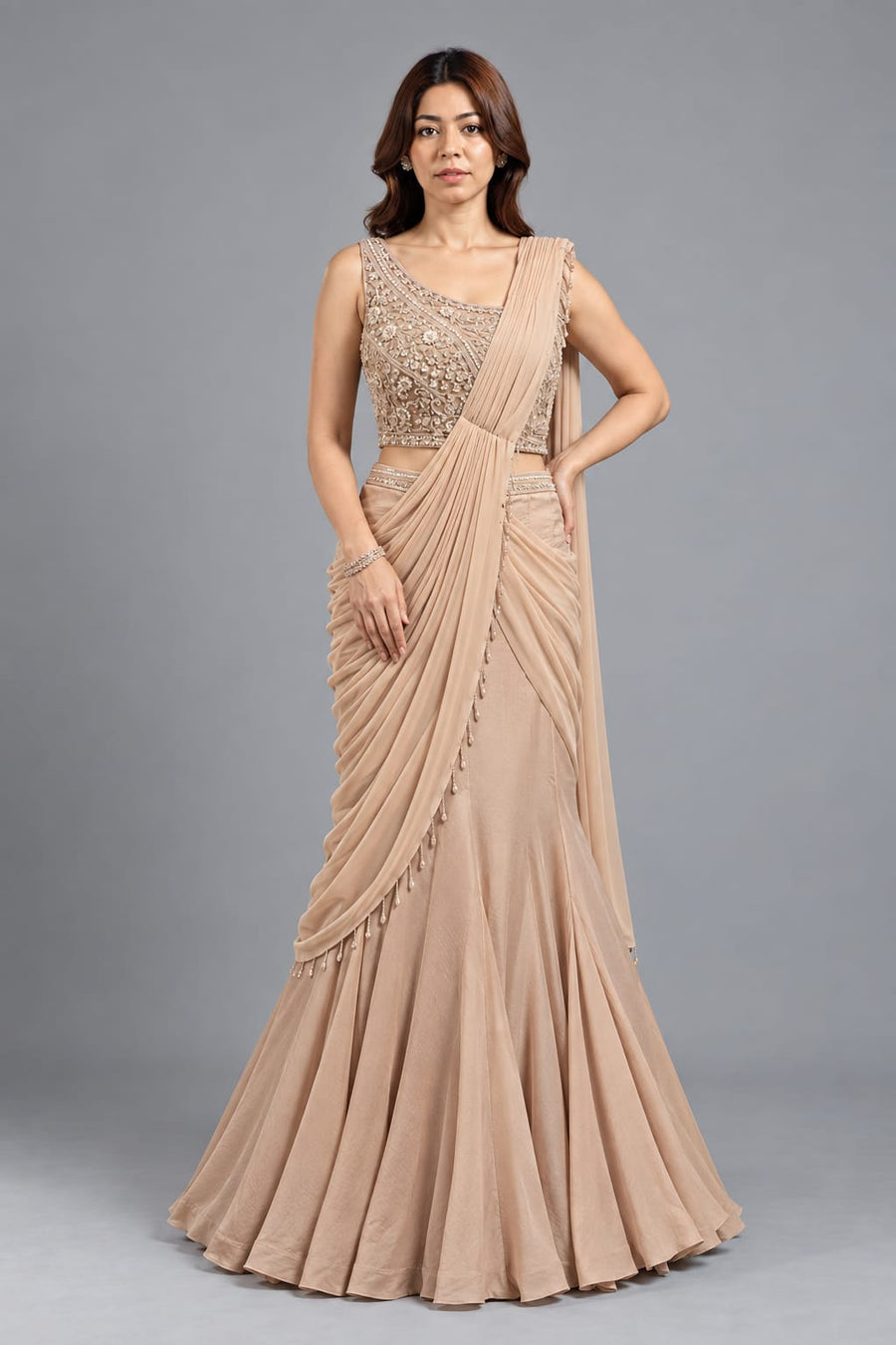 Champagne Embroidered Crop Top Lehenga with Drape Dupatta