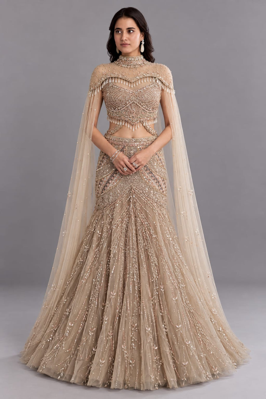 Champagne Gold Embroidered Mermaid Lehenga Set with Cape