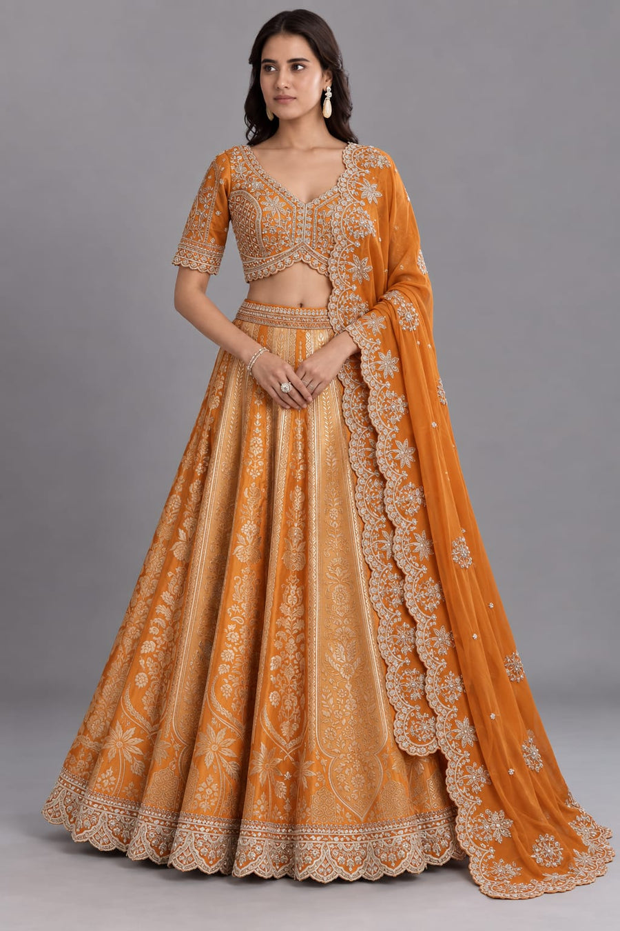 Rust Orange Embroidered Lehenga Set with Dupatta
