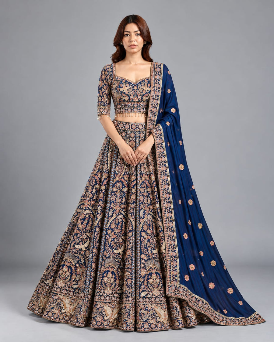 Navy Blue Heavy Embroidered Lehenga Set with Designer Blouse & Dupatta