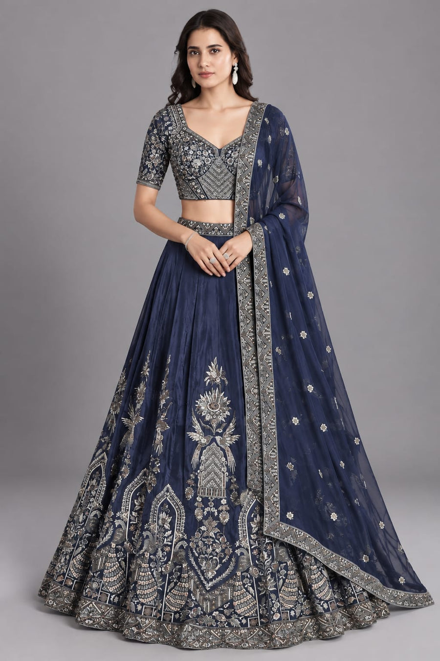 Blue Embroidered Lehenga Set with Intricate Silver Detailing