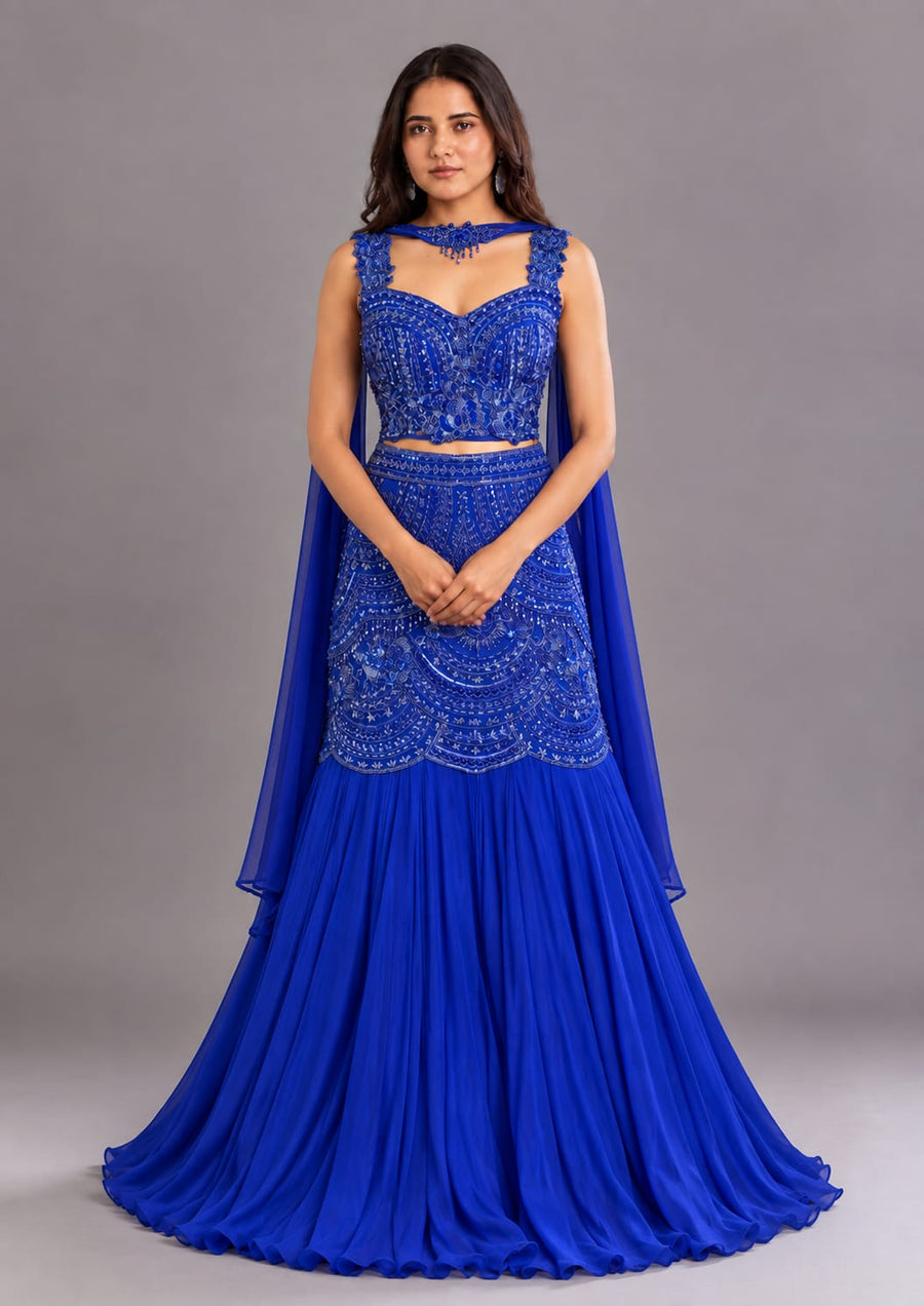 Royal Blue Embroidered Peplum Gown with Mermaid Silhouette