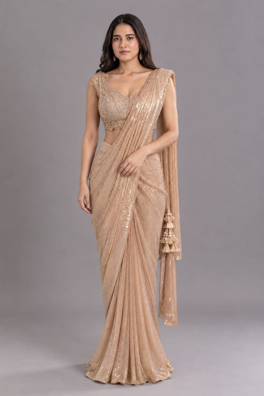 Orange Sequin Drape Saree with Embellished Blouse
