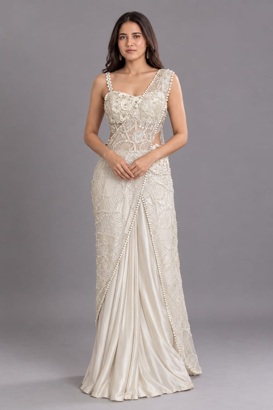 Off White Embellished Drape Saree with Corset Blouse