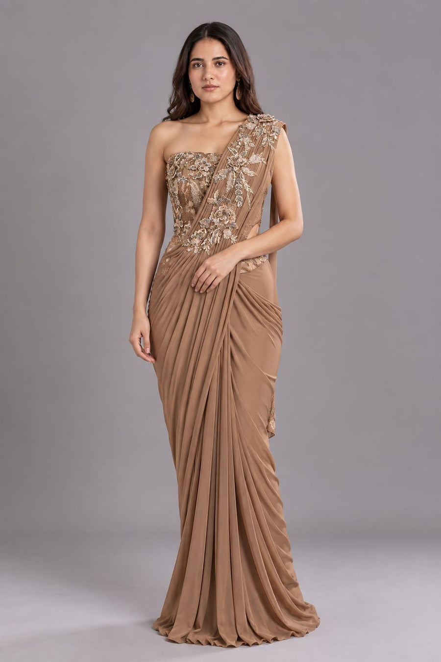 Brown Draped Saree with Embroidered Corset Blouse