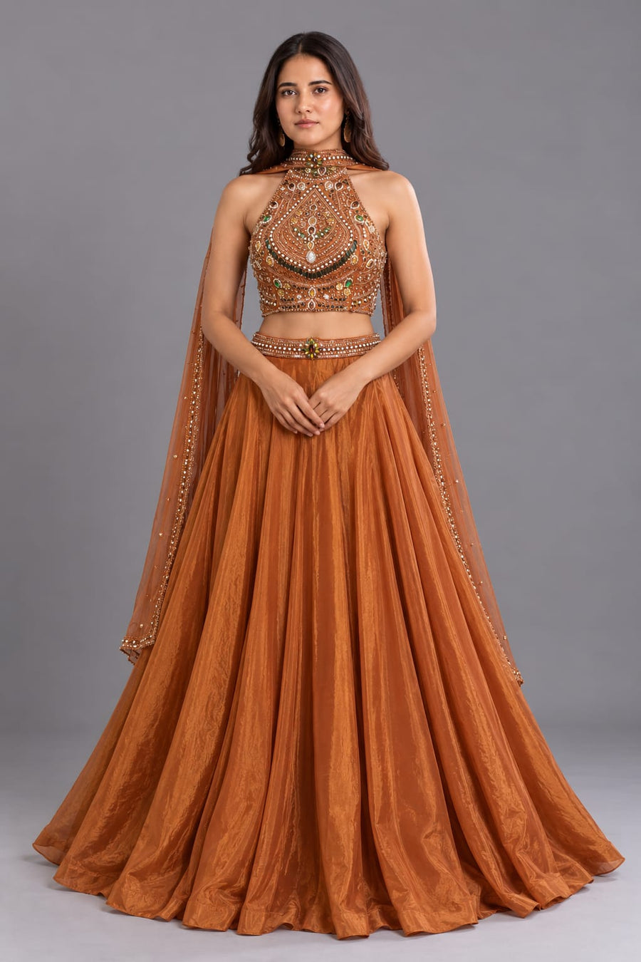 rust Embellished Lehenga Set with Cape Dupatta