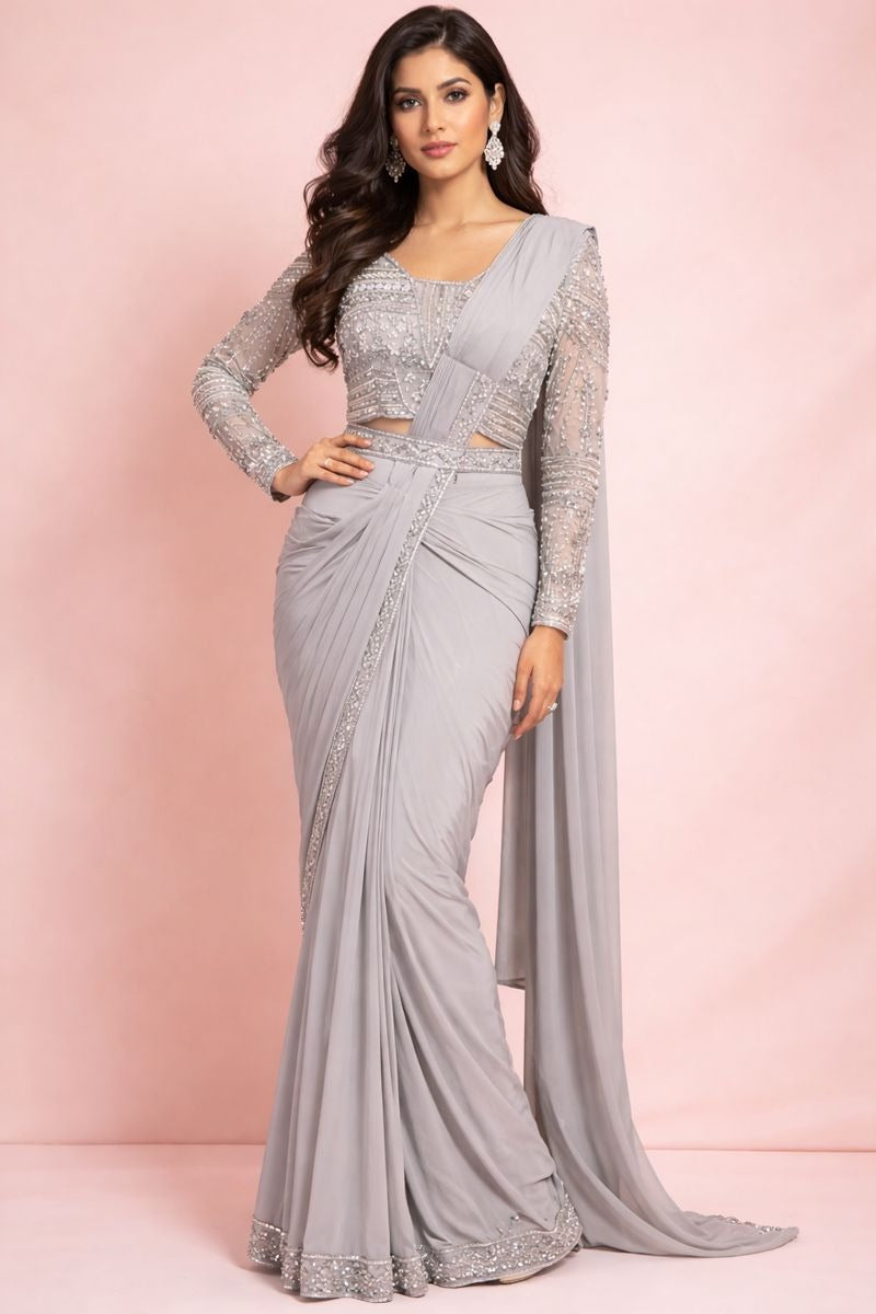 gray pre drape saree front pose