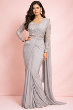 gray pre drape saree front pose