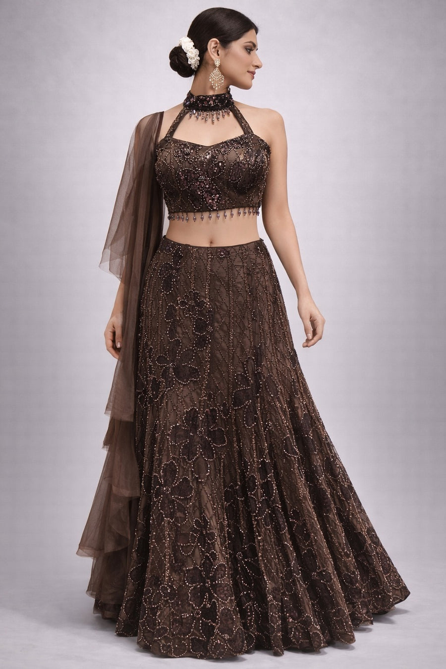 Chocolate Brown Embellished Halter Lehenga Set