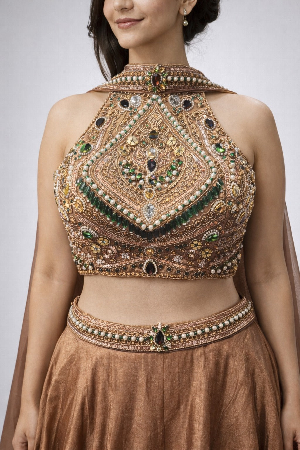 brown lehenga set with cape dupatta