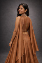 brown lehenga set with cape dupatta