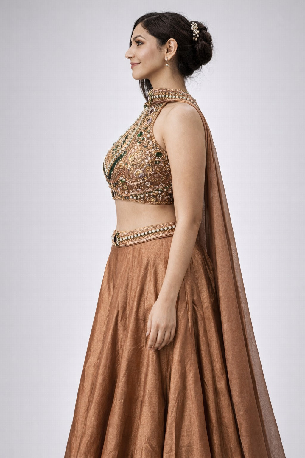 brown lehenga set with cape dupatta