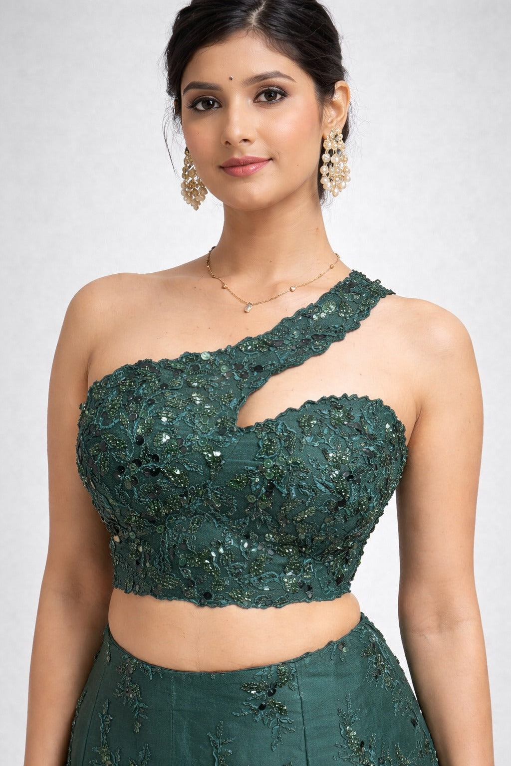 Bottle Green one shoulder lehenga set