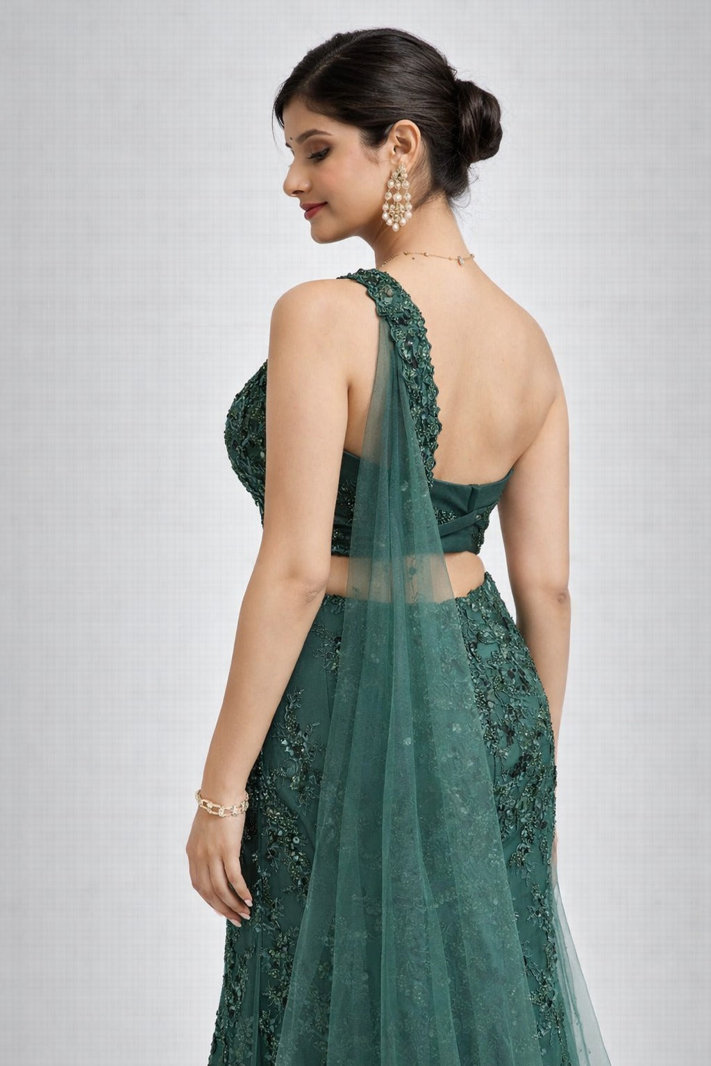 Bottle Green one shoulder lehenga set