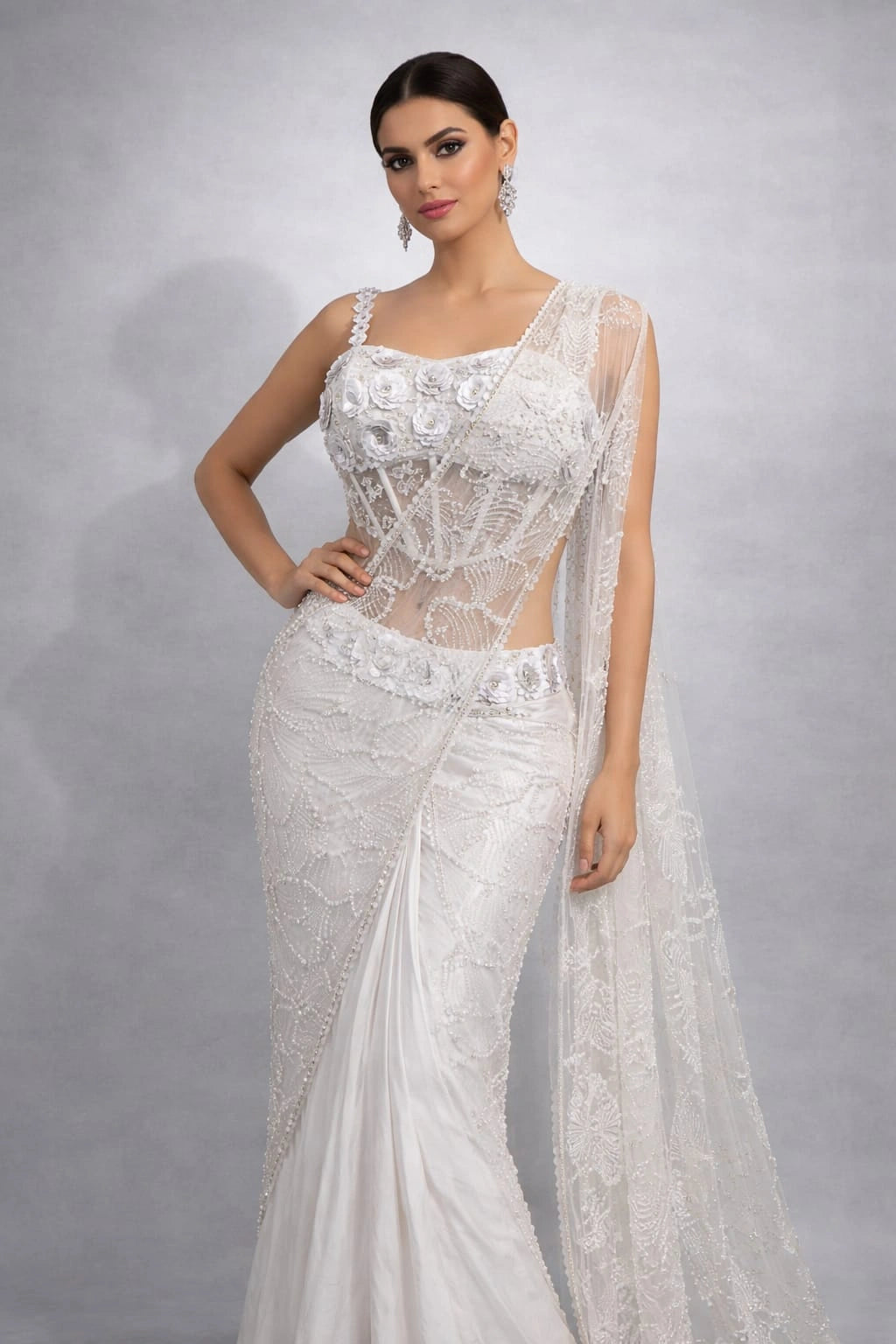 white net drape saree