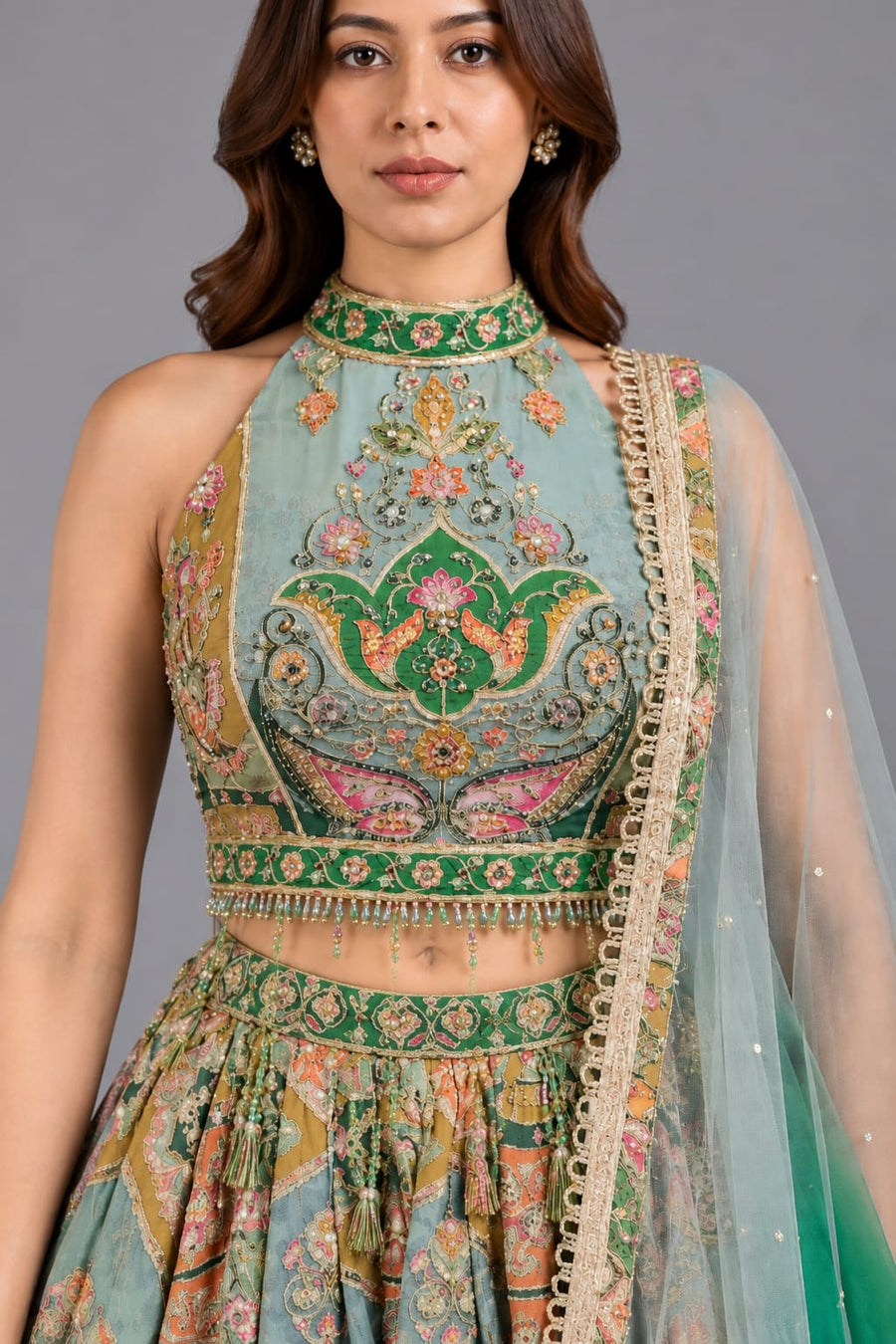 Green Halter-Neck Crop-Top Lehenga