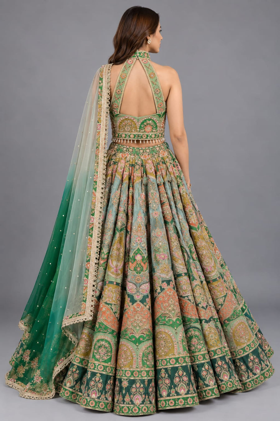 Green Halter-Neck Crop-Top Lehenga