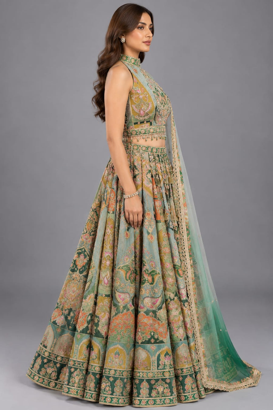 Green Halter-Neck Crop-Top Lehenga