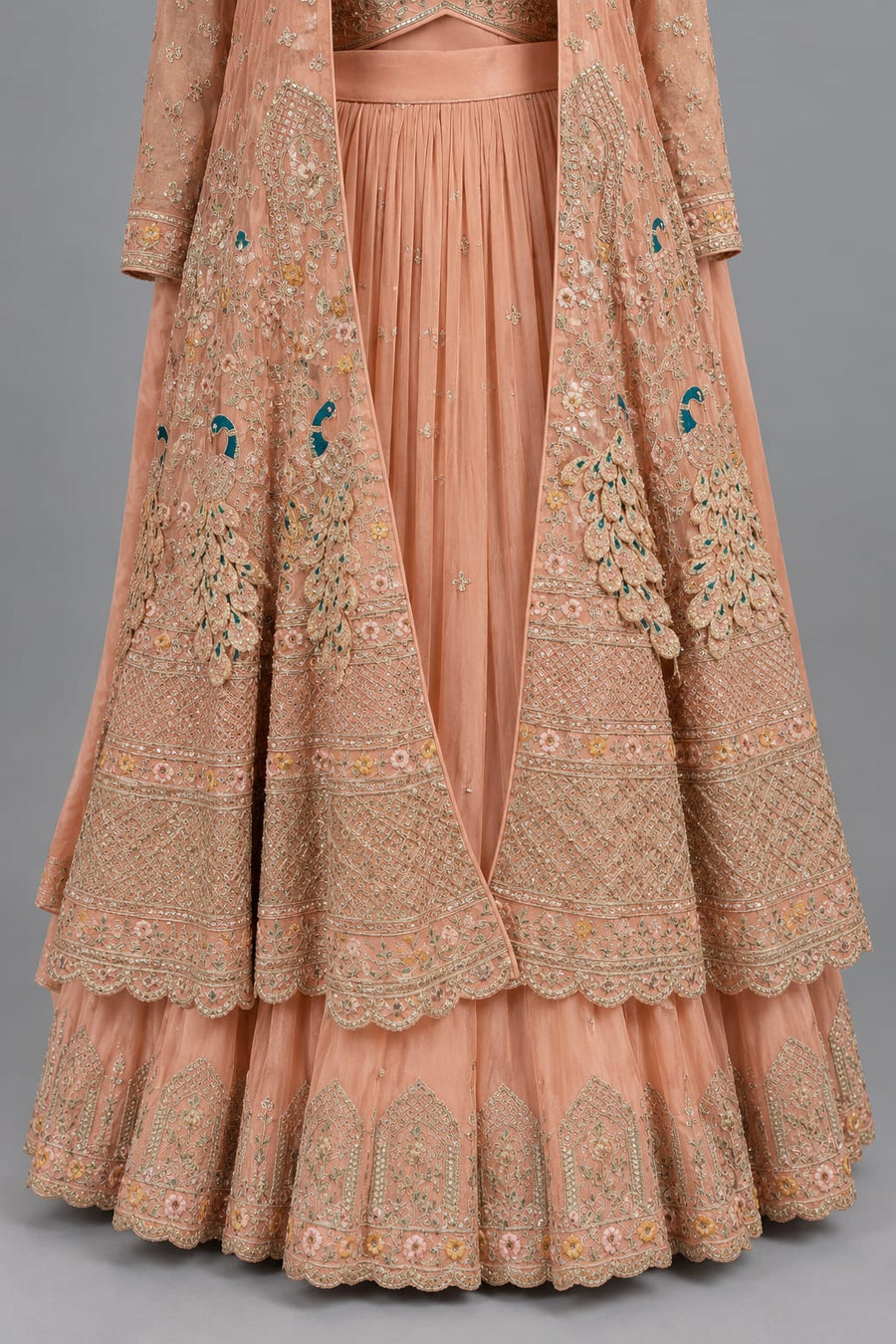 Peach Embroidered Jacket Lehenga Set for Women
