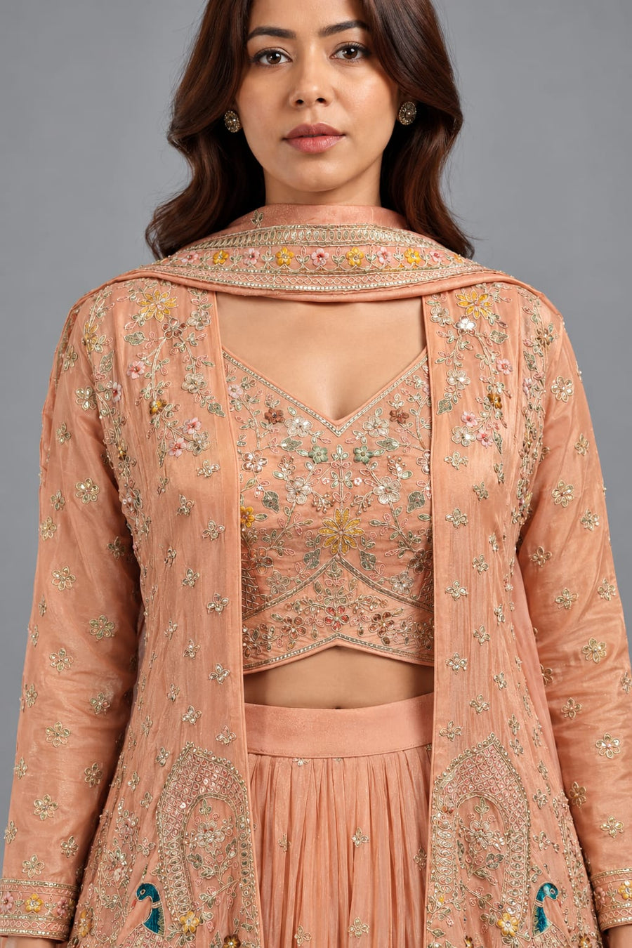 Peach Embroidered Jacket Lehenga Set for Women