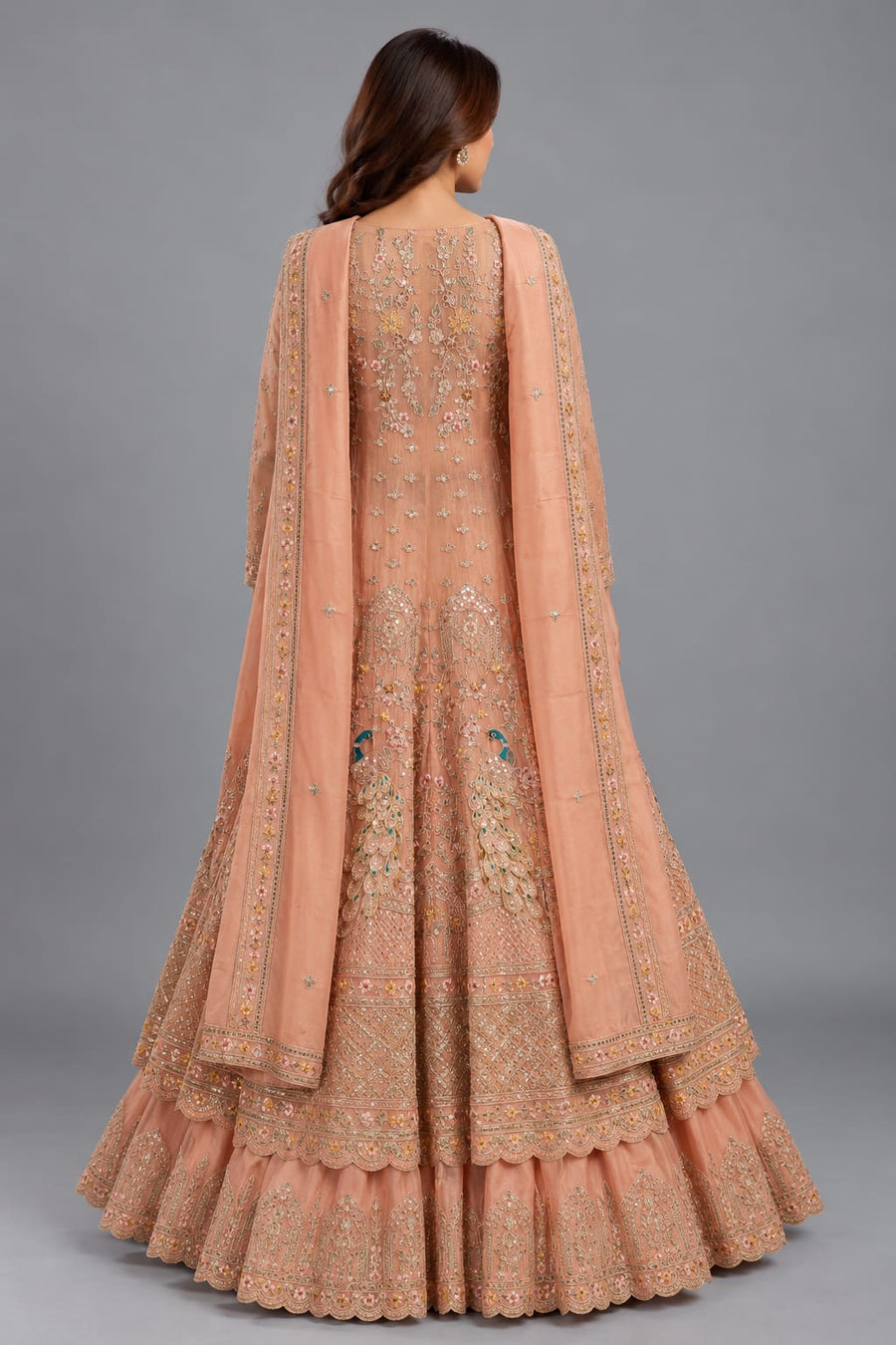 Peach Embroidered Jacket Lehenga Set for Women