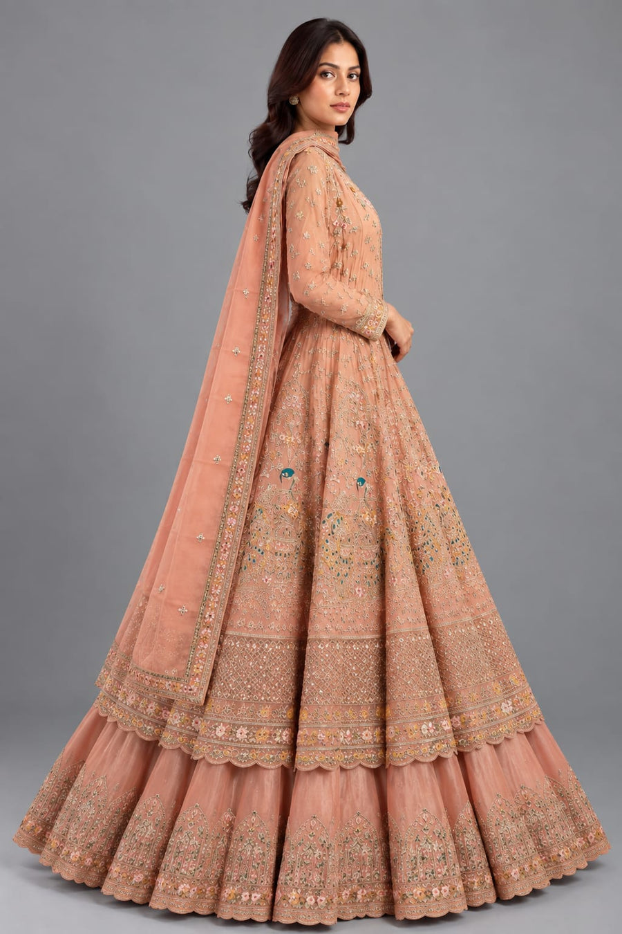Peach Embroidered Jacket Lehenga Set for Women