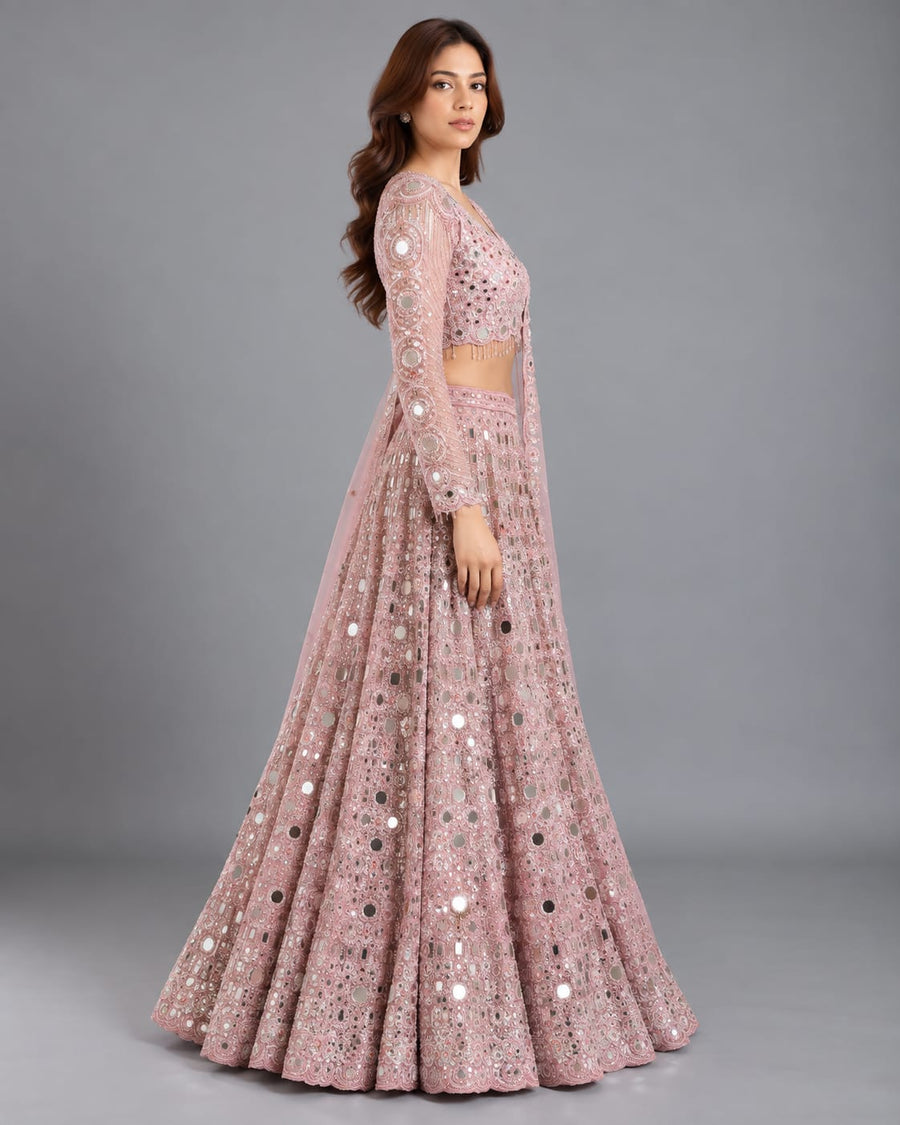 Blush Pink Mirror Work Lehenga and Net Dupatta